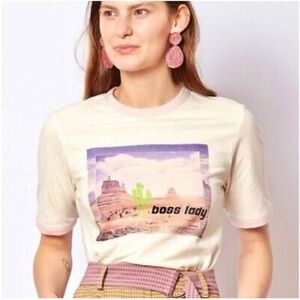 GANNI Boss Lady Ranger Ringer Tee in Sliver Pink Sz XS Desert Cactus Graphic